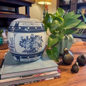 Blue & White Vintage Hand-Painted Porcelain Lidded Jar – Chinoiserie Style